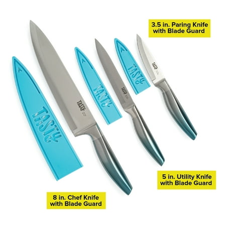 Tasty Chef Knife Set, 3 Piece, Stainless Steel with Matching Blade Guards, Ombre Handles, Tasty Blue