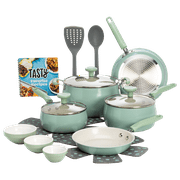 Tasty Clean Ceramic 16 Piece Non-Stick Aluminum Cookware Set, Sage Green