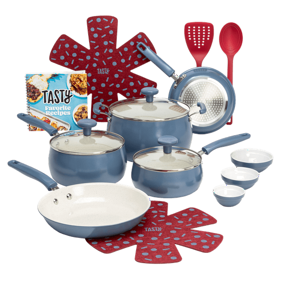 Tasty Clean Ceramic 16 Piece Non-Stick Aluminum Cookware Set, Slate Blue