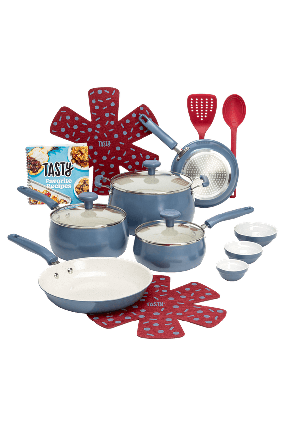 Clean Ceramic 16 Piece Non-Stick Aluminum Cookware Set, Slate Blue