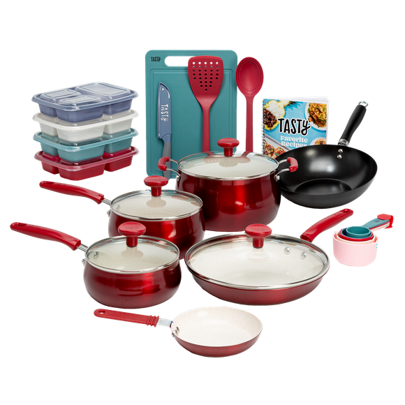 Tasty Clean Ceramic 24 Piece Non-Stick Aluminum Cookware Set, Red