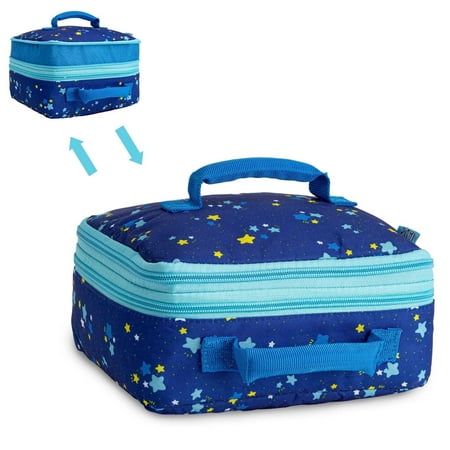 Tasty Expandable Insulated Reusable Cloth Kids Lunch Bag with Easy-Clean Lining, Blue Stars