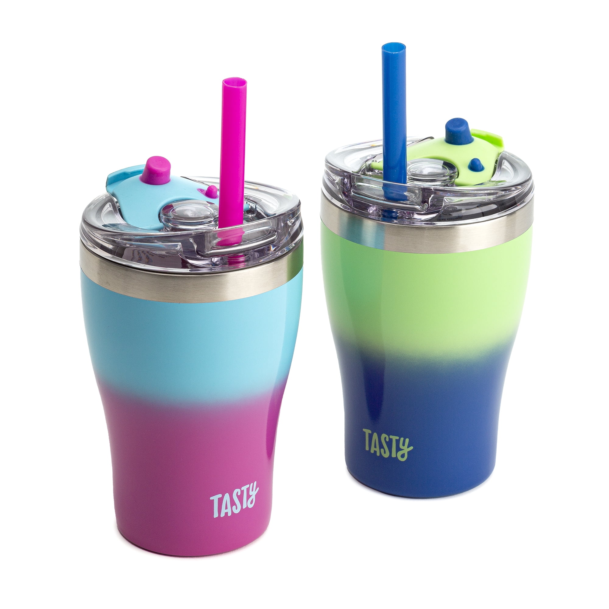 Elefant Kids & Toddler Cups (Set of 2), Stackable Stainless Steel Insulated Tumblers with BPA Free Leak Proof Lids and Reusable Silicone Straws