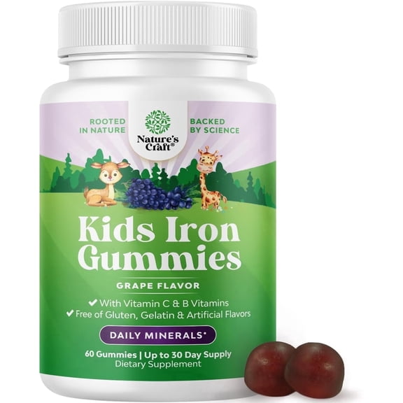 Kids Iron Gummies - Blood Builder Iron Supplements for Kids with Gentle for Stronger Immunity & Energy - Vitamin B12, Folate & Vitamin C Gummies - Vegan GMO & Gluten Free for Toddlers - 60 Count