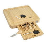 Tasty Natural Bamboo Cheese Board and Charcuterie Tray with Hidden Drawer, Utensils, Markers, and Chalk, 13 x 13