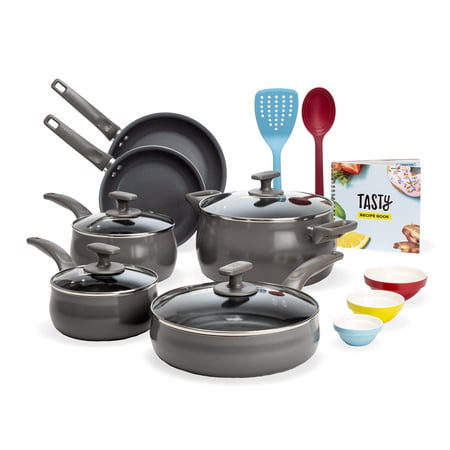 Tasty Non-Stick 16-Piece Cookware Set, Diamond-Reinforced, Ombre Gray