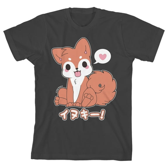 Tasty Peach Inukii & Kanji Youth Girl's Charcoal Crew Neck Short Sleeve T-shirt-Large