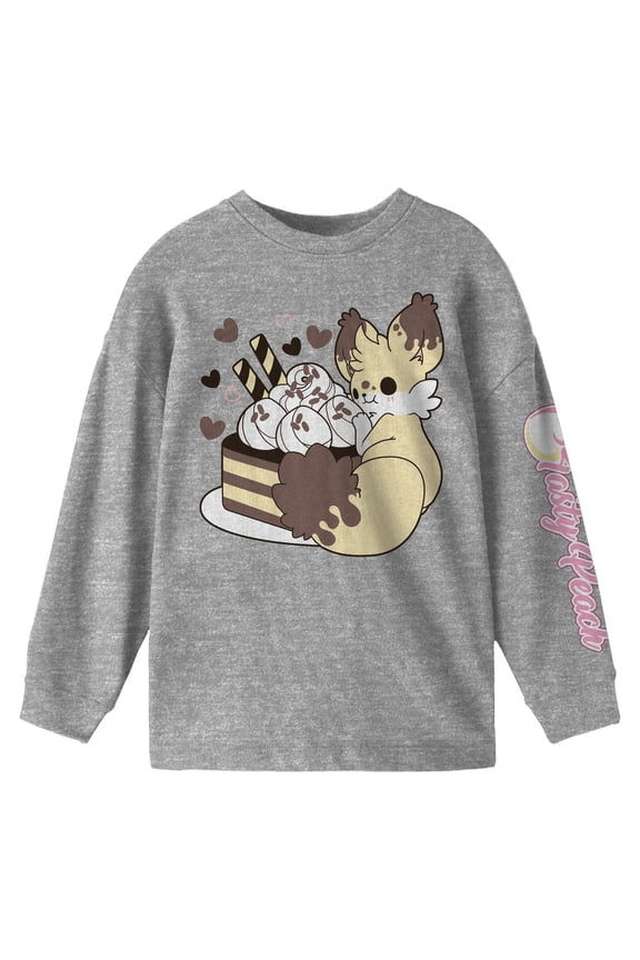 Tasty Peach Kekitsu Eating Sweets Crew Neck Long Sleeve Athletic Heather Youth Tee-Small