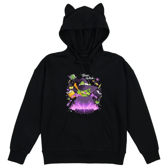 Tasty Peach Witch Frog Brewing Potion Women's Black Long Sleeve Hooded Sweatshirt With 3D Ears-XXL