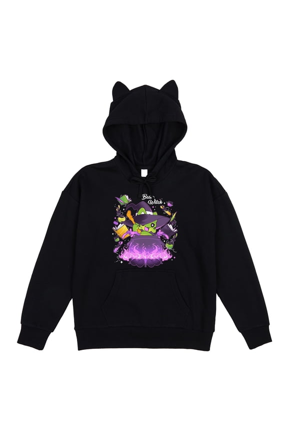 Tasty Peach Witch Frog Brewing Potion Youth Girl's Black Long Sleeve Hooded Sweatshirt With 3D Ears-Small