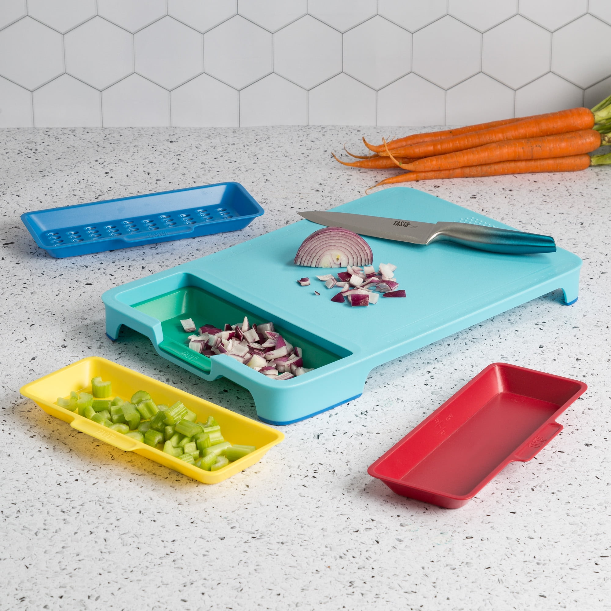 Tasty Cutting Board Prep Station with Removable Trays