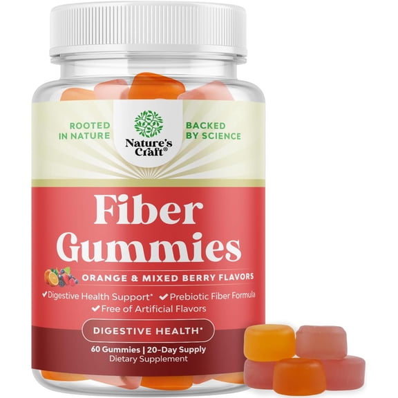 Natures Craft Prebiotic Fiber Gummies for Adults, Orange and Mixed Berry, 60 Count
