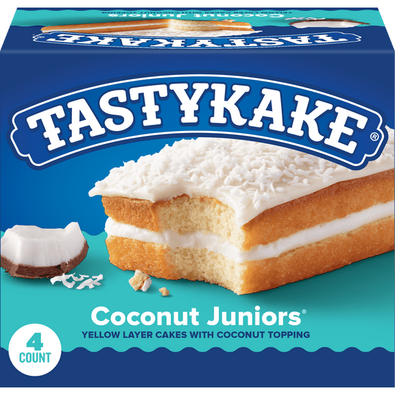 Tastykake Coconut Juniors, 4 Count, 4 Individually Wrapped Coconut Topped Snack Cakes, Shelf-Stable