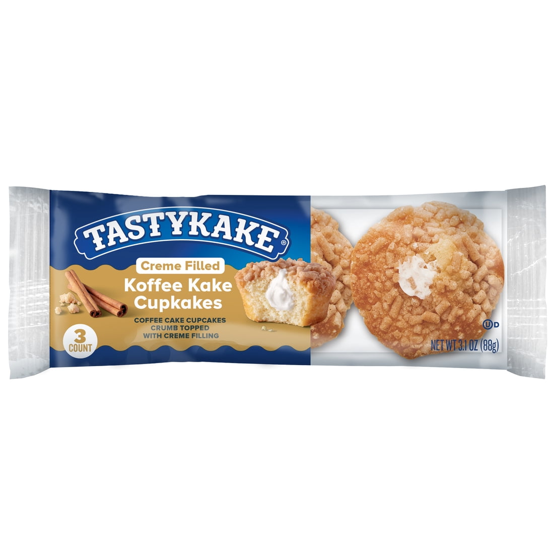 Tastykake Creme Filled Koffee Kake Cupcakes, Individually Wrapped Cupcakes, 3.125 Ounce., 3 Count