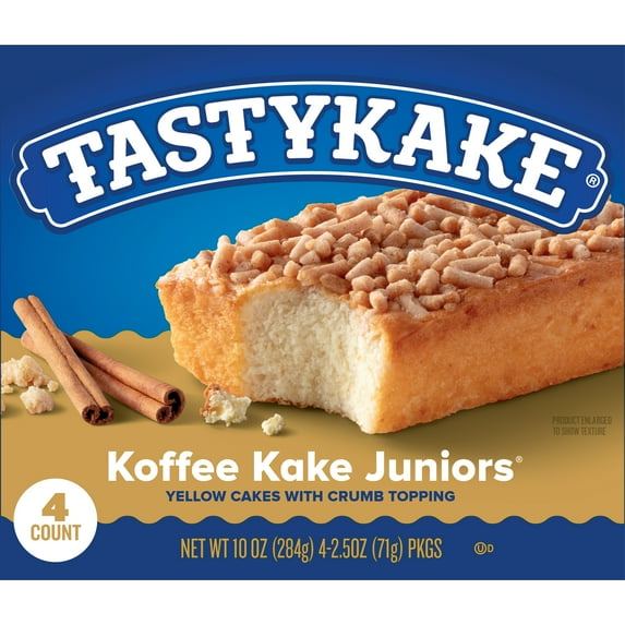 Tastykake Koffee Kake Juniors, 4 Count, 4 Individually Wrapped Yellow Cakes with Crumb Topping, Shelf-Stable