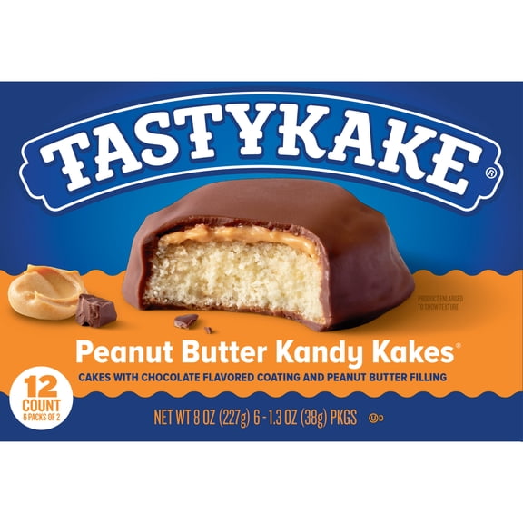 Tastykake Peanut Butter Kandy Kakes, 12 Count, 6 Packs of 2 Chocolate and Peanut Butter Snack Cakes
