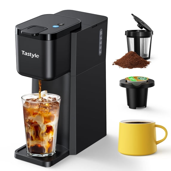 Tastyle Mini Hot and Iced Coffee Maker Single Serve, for K Cup and Ground, 6 to 14 Oz Brew Sizes, with Recipe Book, for Home, Travel, RV, Office and Dorm, Classic Black (2.0 Version) C95