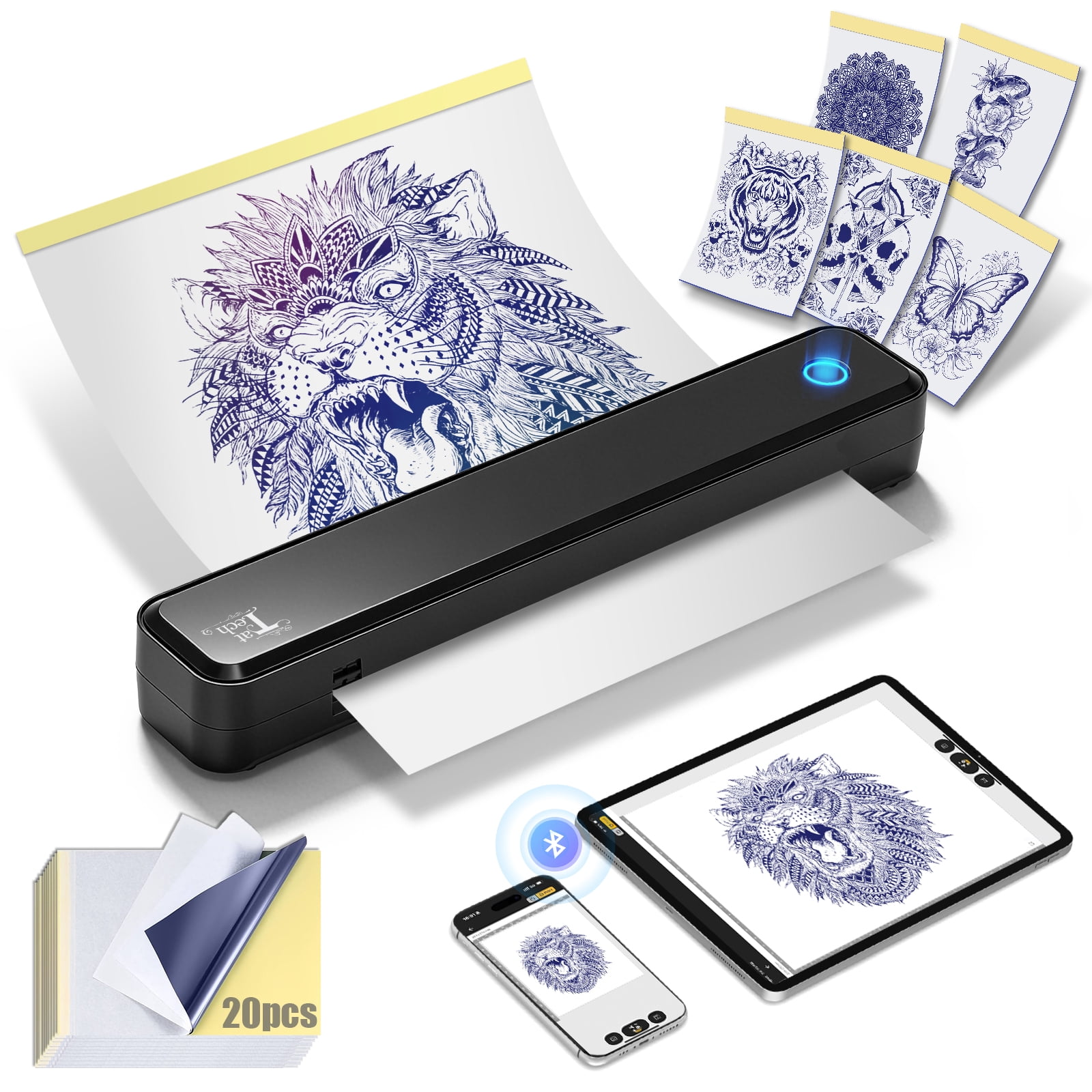 TatTech Tattoo Stencil Printer with 20pcs Transfer Paper,Portable Thermal Tattoo Stencil Bluetooth Printer Supports A4 A5 Sizes , Artists & Beginner Friendly,Compatible with Android, iOS & Windows