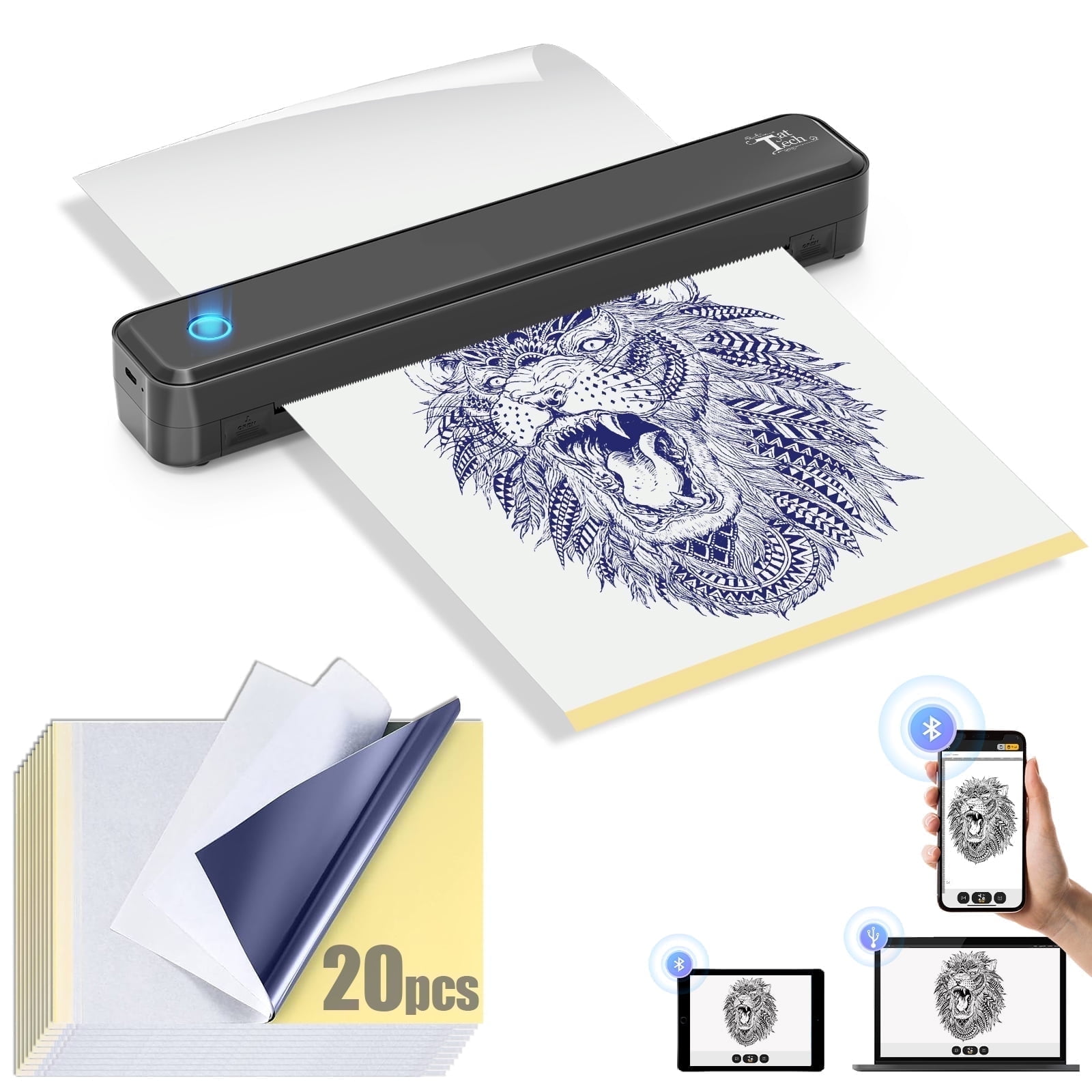 TatTech Tattoo Stencil Printer with 20pcs Transfer Paper,Portable Thermal Tattoo Stencil Bluetooth Printer Supports A4 A5 Sizes , Artists & Beginner Friendly,Compatible with Android, iOS & Windows