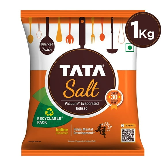 Tata Salt, 1 kg - (1000 grams pack) - 35.27 oz - India - Vacuum evaporated iodised salt - Vegetarian