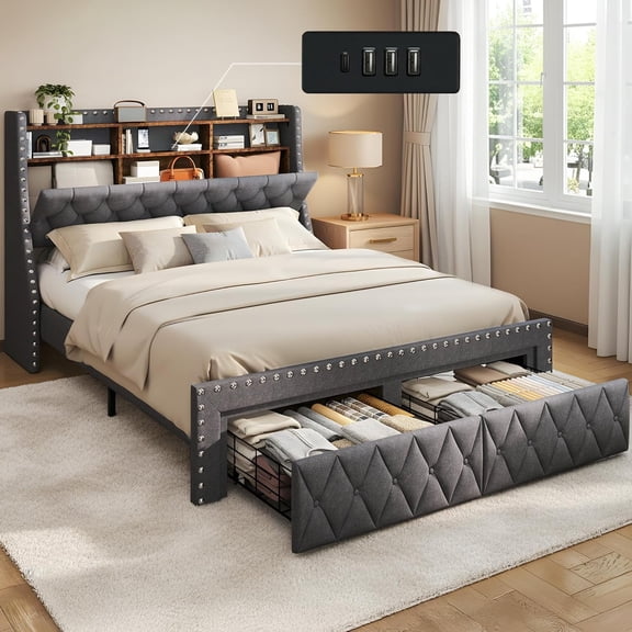 Tatago 1000 lbs Heavy Duty Queen Size Modern Metal Wood Platform Bed Frame with Storage Drawers 3-Layer Headboard Storage System, 2 Underbed Drawers, Built-in Charging Ports Gray