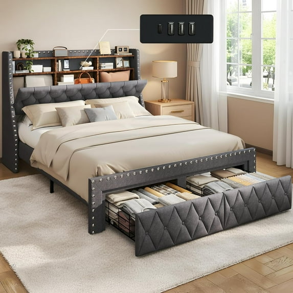 Tatago 1000 lbs Heavy Duty Queen Size Modern Metal Wood Platform Bed Frame with Storage Drawers 3-Layer Headboard Storage System, 2 Underbed Drawers, Built-in Charging Ports Gray