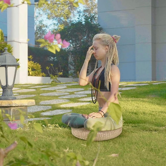 Tatami Cushion, Japanese Woven Straw Flat Seat Cushion, Round Padded Pouf Floor Pillow, Yoga Meditation Cushion, 15.75" x 2.36"