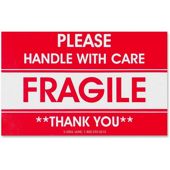 Tatco Fragile/Handle With Care Shipping Label - "Fragile - Handle with Care" , "Thank You" - 3" x 5" Length - Rectangle - Red - 500 / Roll - 500 / Rol | Bundle of 2 Rolls