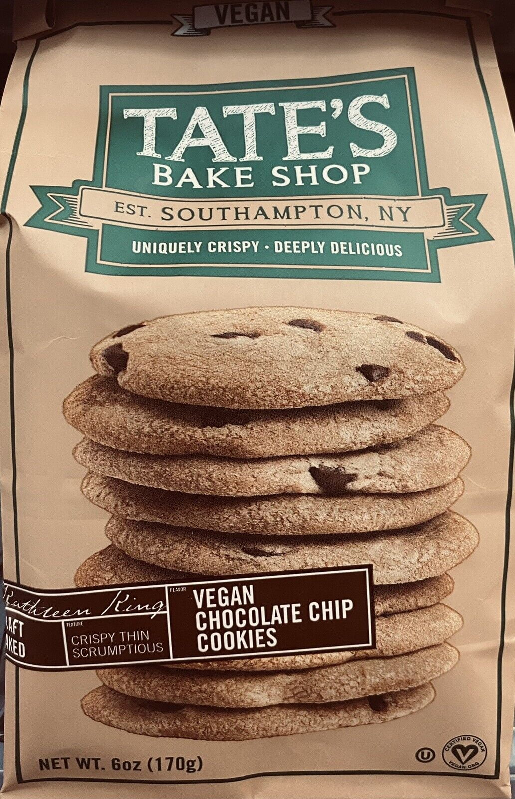 Tate's Bake Shop VEGAN CHOCOLATE CHIP Cookies 6 oz Bag