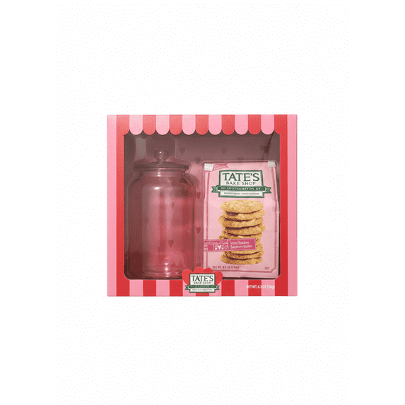 Tate's Bake Shop White Chocolate Raspberry Cookie Gift Set – Limited Edition 6.5 oz Bag with Reusable Glass Cookie Jar – Crispy Gourmet Cookies for Valentine’s Day, Mother’s Day, or Gifting