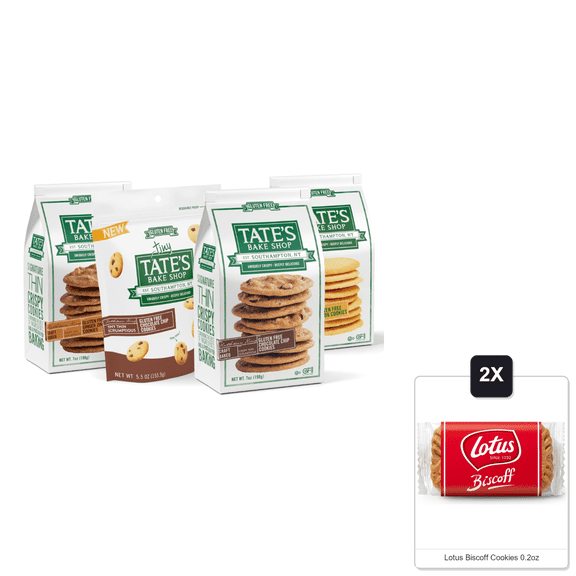 Tates Bake Shop Gluten Free Cookies Variety Pack, Lemon, Ginger Zinger, Chocolate Chip, And Tiny Chocolate Chip Cookies, 4 Bags & 2x Lotus Biscoff Cookies 0.2oz