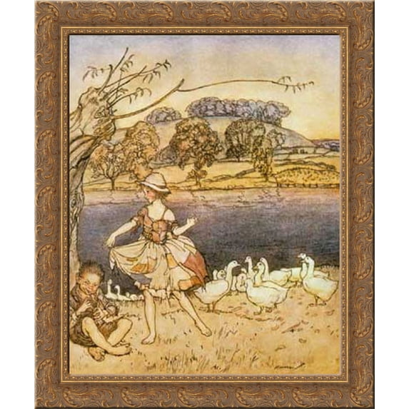 Tattercoats dancing while the gooseherd pipes 20x20 Gold Ornate Wood Framed Canvas Art by Rackham, Arthur