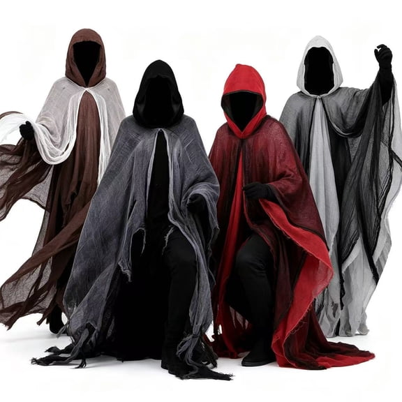 Tattered Fringe Hooded Poncho, Tattered Fringe Hooded Poncho Cloak, Distressed Wizard Warlock Hood Cape for Halloween Dark Fantasy Larp Cosplay, 3 Color Worn Texture Medieval Robe, Black One Size