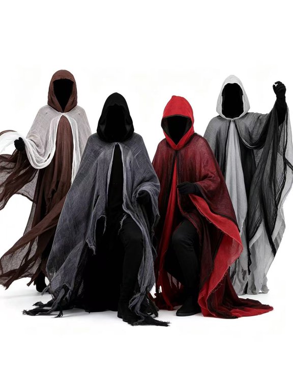 Tattered Fringe Hooded Poncho, Tattered Fringe Hooded Poncho Cloak, Distressed Wizard Warlock Hood Cape for Halloween Dark Fantasy Larp Cosplay, 3 Color Worn Texture Medieval Robe, Black One Size
