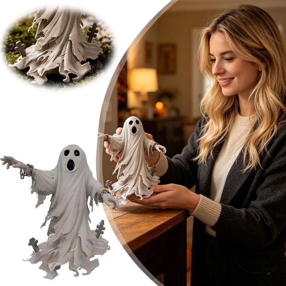 Tattered Ghost Resin Standing Sculpture with Chain Cross Tombstone Base Weatherproof Halloween Statue for Front Porch Yard Window Fireplace Seasonal Decor