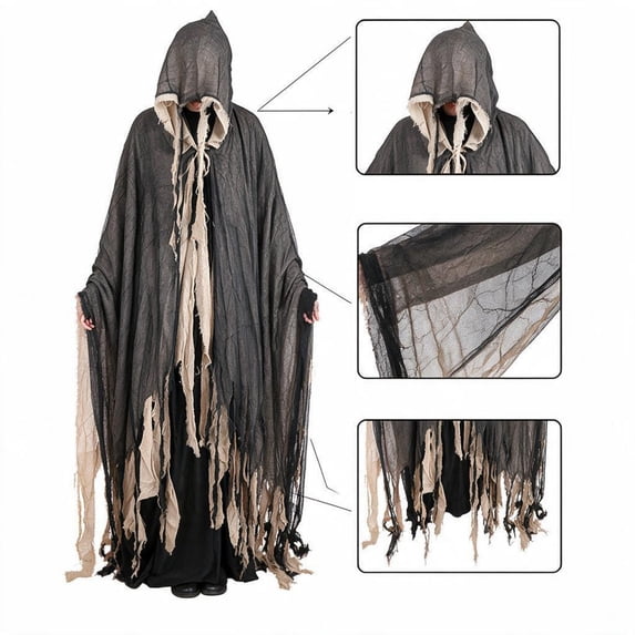 Tattered Grim Reaper, Cloak Hooded Gauze, Robe Distressed Fringe, Halloween Costume, Tattered Grim Reaper Cloak Hooded Gauze Robe Distressed Fringe Halloween Costume for Spooky Season, Black One Size