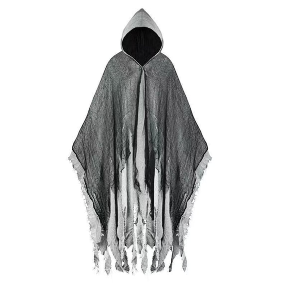 Tattered Hooded Cloak, Adult Distressed Cape with Frayed Hem for Halloween & Haunted House, Zombie Wizard Robe Costume, 1 PC Gray