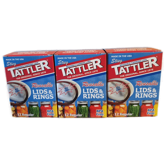 Tattler E-Z Seal Reusable Canning Lids - 3 Dozen Boxed - Regular Mouth Lids + Rubber Rings - 36 Canning Lids + 36 Rubber Rings - Color - White