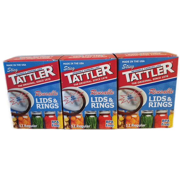 Tattler E-Z Seal Reusable Canning Lids - 3 Dozen Boxed - Regular Mouth Lids + Rubber Rings - 36 Canning Lids + 36 Rubber Rings - Color - White