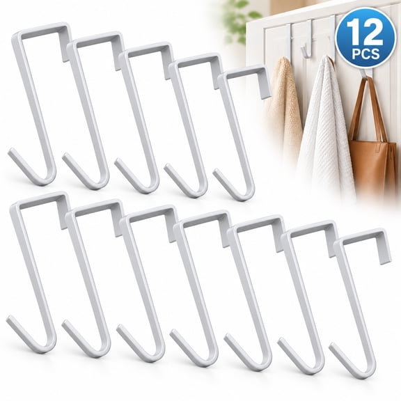 Tattom 12 Pack White Smart Over The Door Hook,2 Side Metal Z Hooks,S Hooks for Hanging Coats,Bags,Towels for Bathroom,Kitchen,Office