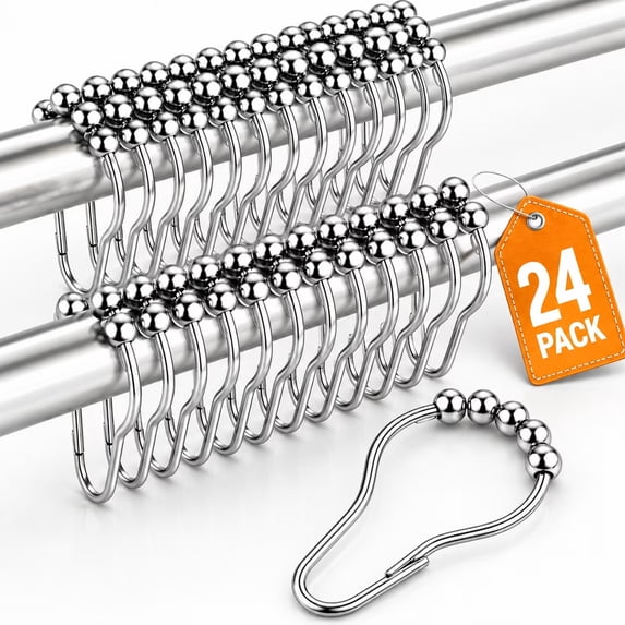 Tattom 24 Pack Stainless Steel Shower Curtain Hooks, Rust Resistant Roller Rings with Gliding Balls, Polished Nickel Heavy Duty Hangers for Bathroom Rods