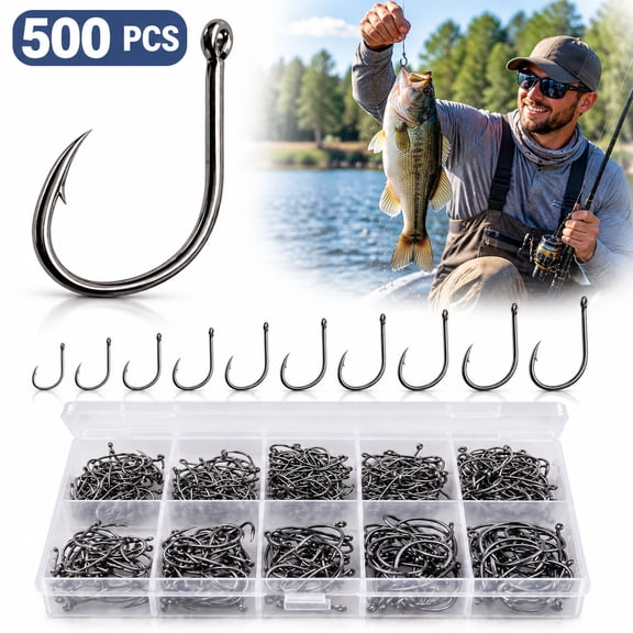 Tattom 500PCS Premium Fishing Hooks, 10 Sizes/3 to 12 Sizes Carbon Steel Fishing Hooks Each specification is 50. W/Portable Plastic Box, Strong Sharp Fish Hook with Barbs for Freshwater/Seawater