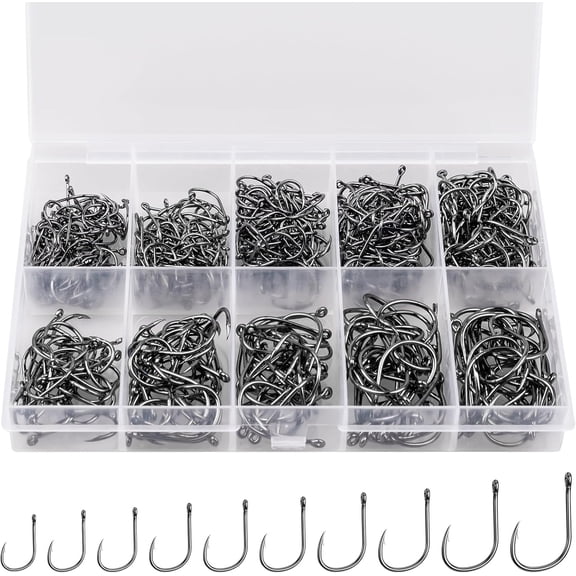 Tattom 500PCS Premium Fishing Hooks, 10 Sizes/3 to 12 Sizes Carbon Steel Fishing Hooks Each specification is 50. W/Portable Plastic Box, Strong Sharp Fish Hook with Barbs for Freshwater/Seawater