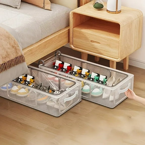 Tattom Foldable Nylon Under Bed Shoe Storage Box With Transparent Design, Thickened Steel Frame, Fashionable Style,2Pack