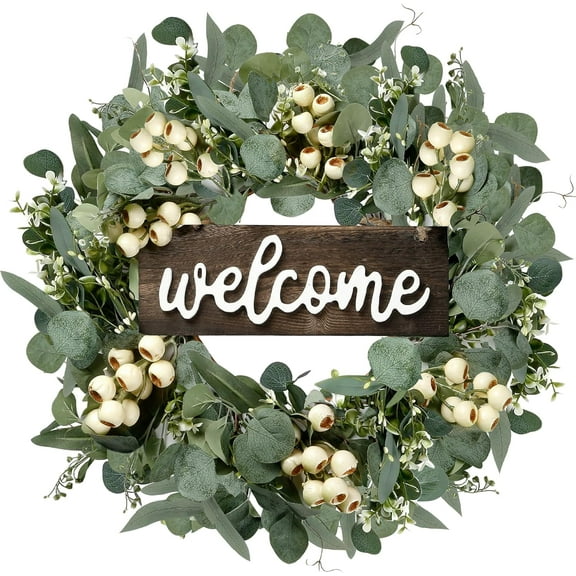 Tattom Green Artificial Eucalyptus Wreath with Welcome Sign 20in Spring Summer Wreath with White Berries for Front Door Wall Window Festival Porch Farmhouse Patio Garden Decor