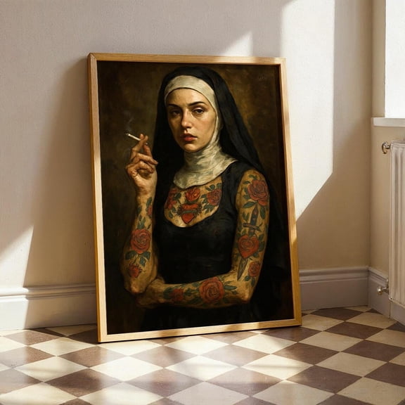 Tattoo Art Tattooed Nun Artwork Edgy Smoking Woman Neo-Traditional Ink, Unframed Poster