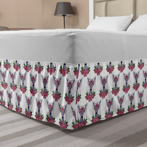 Tattoo Bed Skirt, Deer Heads with Accessories Hanging from Its Antlers and Pink Peony Flowers, Elastic Bedskirt Dust Ruffle Wrap Around for Bedding Decor, 4 Sizes, Mauve Coral Green, by Ambesonne