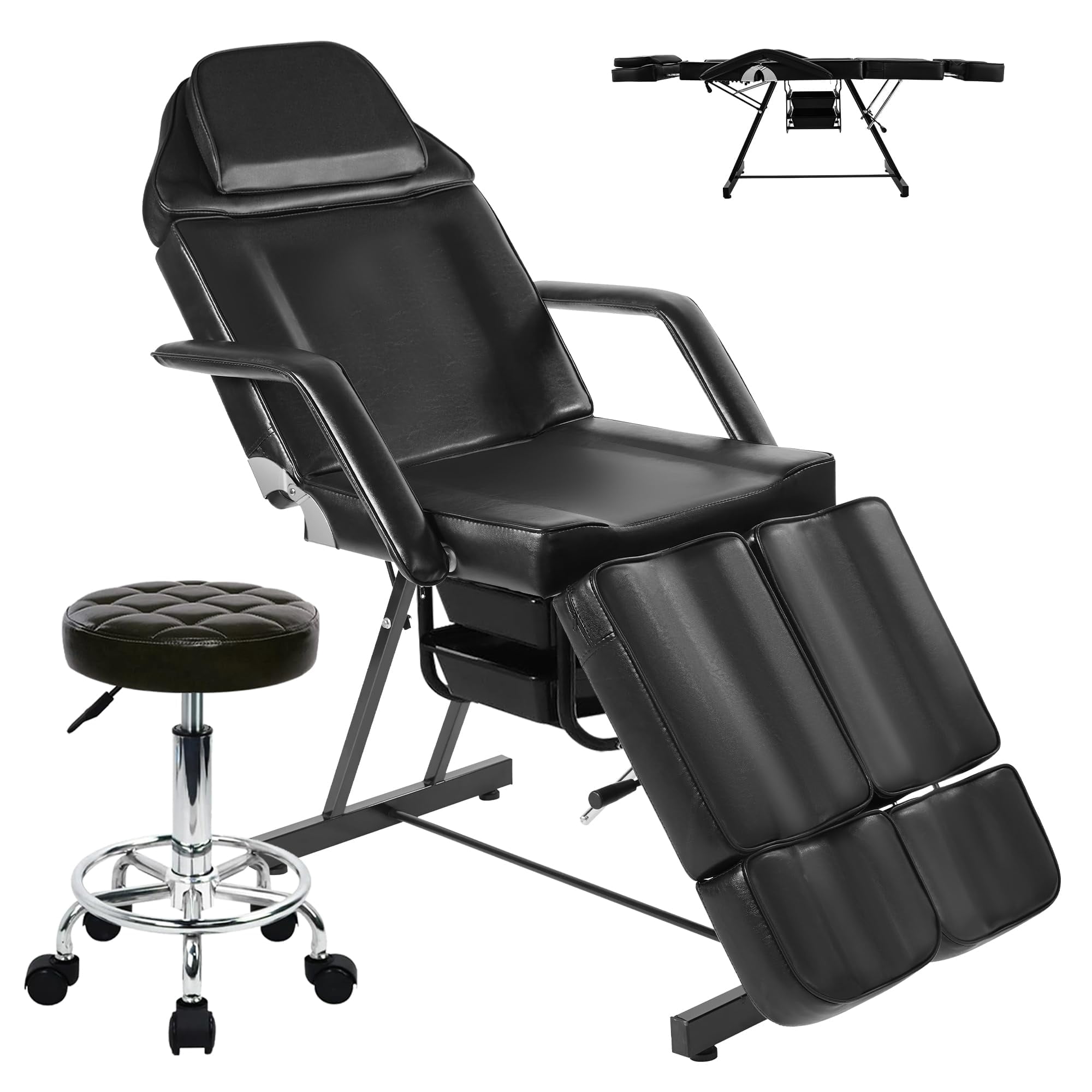 Tattoo Chair Bed with Split Legs, Extended Head & Legs Esthetician Bed Lash Facial for Client with Rolling Stool, Massage Table Professional for Beauty Spa Salon with 2-Tray -Black