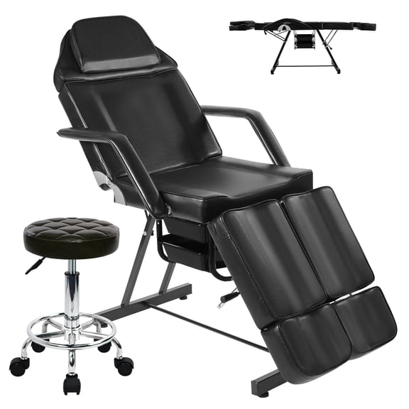 Tattoo Chair Bed with Split Legs, Extended Head & Legs Esthetician Bed Lash Facial for Client with Rolling Stool, Massage Table Professional for Beauty Spa Salon with 2-Tray -Black