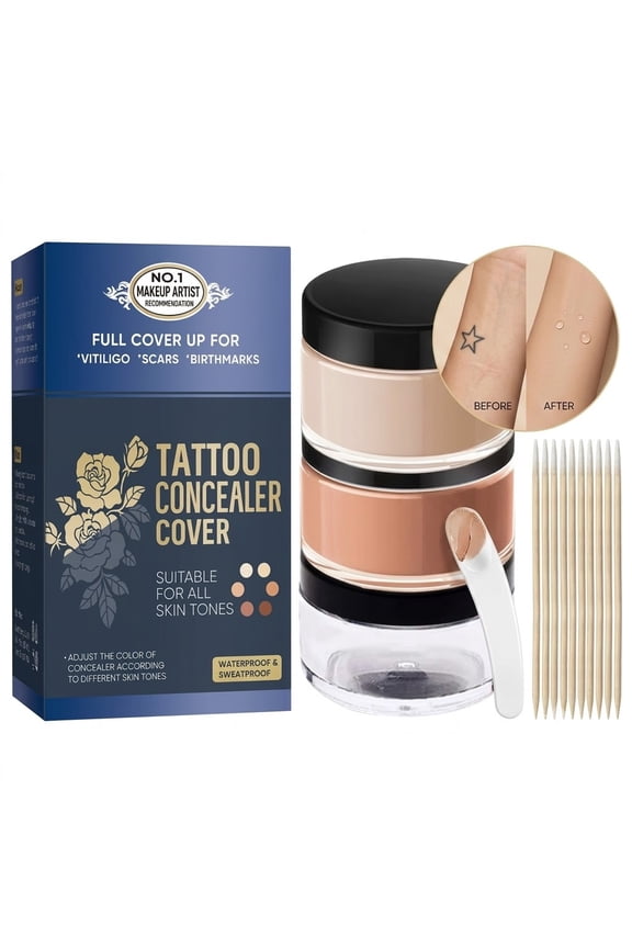 Tattoo Cover Up Makeup Waterproof Maximum Coverage No Smudge Concealer Set for Swimming Weddings Scars Dark Spots Two-Tone Blendable Light to Dark